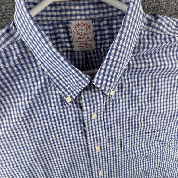 Brooks Brothers Non-Iron Cotton Check Button-Down 18.5 37 Madison Blue Shirt - Picture 2 of 13